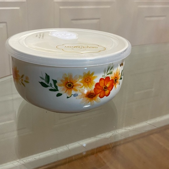 GRACE PANTRY Flower Floral Bees Ceramic Storage Bowl w LID & DIAL VENT 5” - Picture 3 of 7